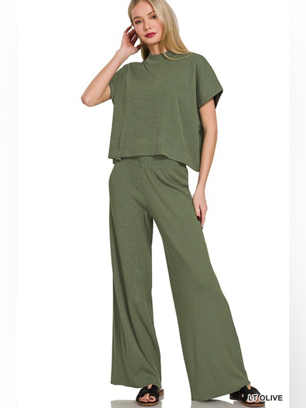 NWT Zenana VISCOSE SWEATER SHORT SLV TOP & PANTS LT OLIVE 2PCS SET